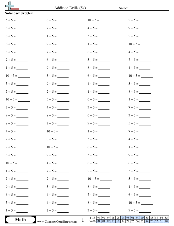 Math Drills Worksheets - 5s (horizontal) worksheet